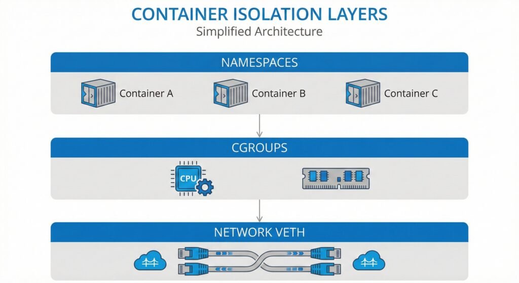Three isolation layers tested - namespaces, cgroups, network