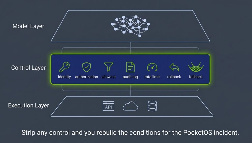 Three-layer mental model: the seven controls live in the middle layer, where production safety is enforced.
