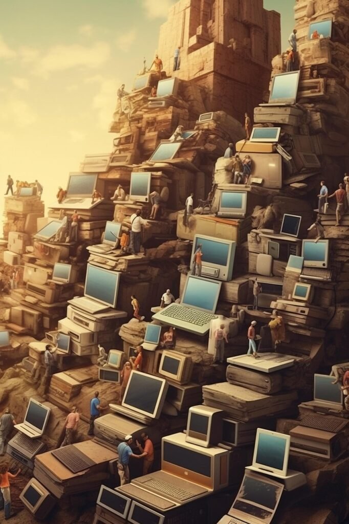 computers, nature, desktops, ai-generated, laptop, mountain, media, scrap metal, garbage, chatbot, technology, future, people, artificial intelligence, ai, development